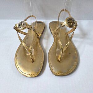 Tory Burch Ali Sandals Womens 8.5 Metallic Gold Leather Ankle Strap Thongs
